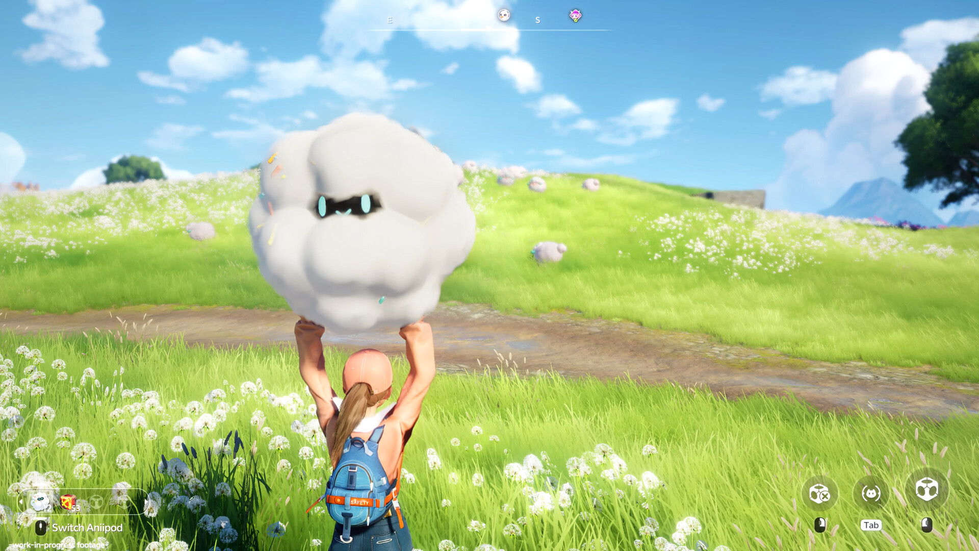 A Pathfinder catching a fluffy cloud Aniimo in a flower field