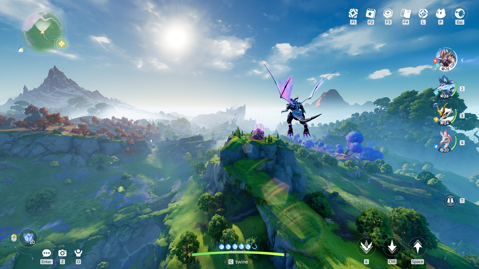 A Pathfinder gliding over the green mountains and floating islands of Idyll