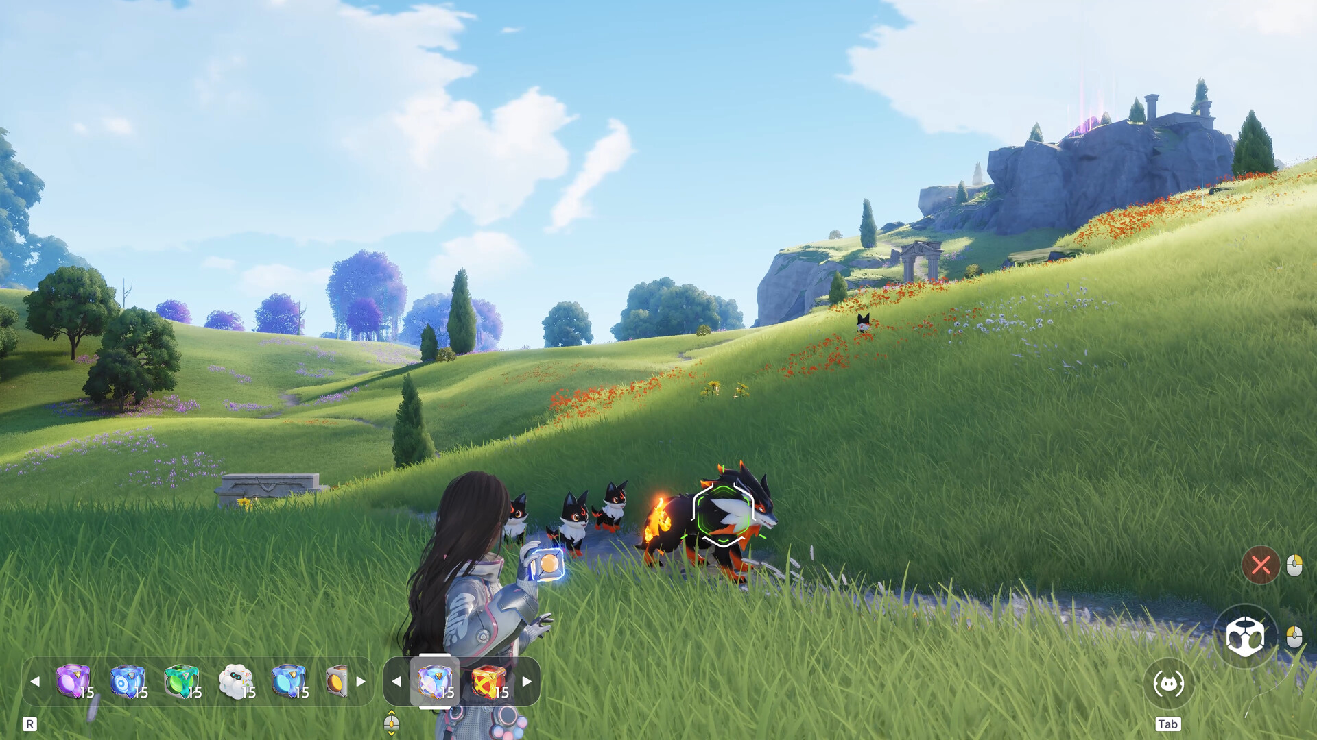 A Pathfinder exploring a grassy valley with two Aniimo following