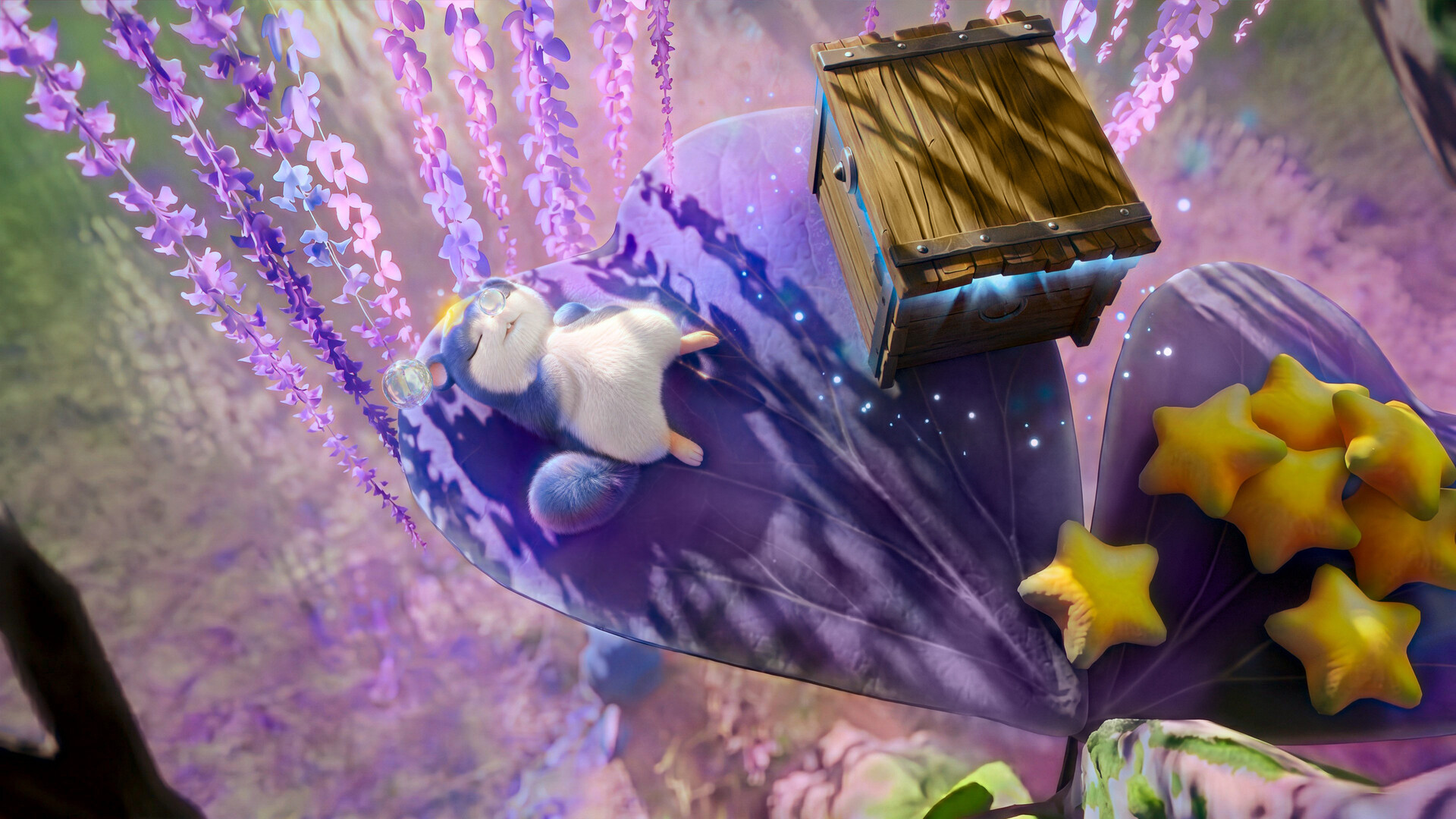 A treasure chest hidden among glowing purple flowers