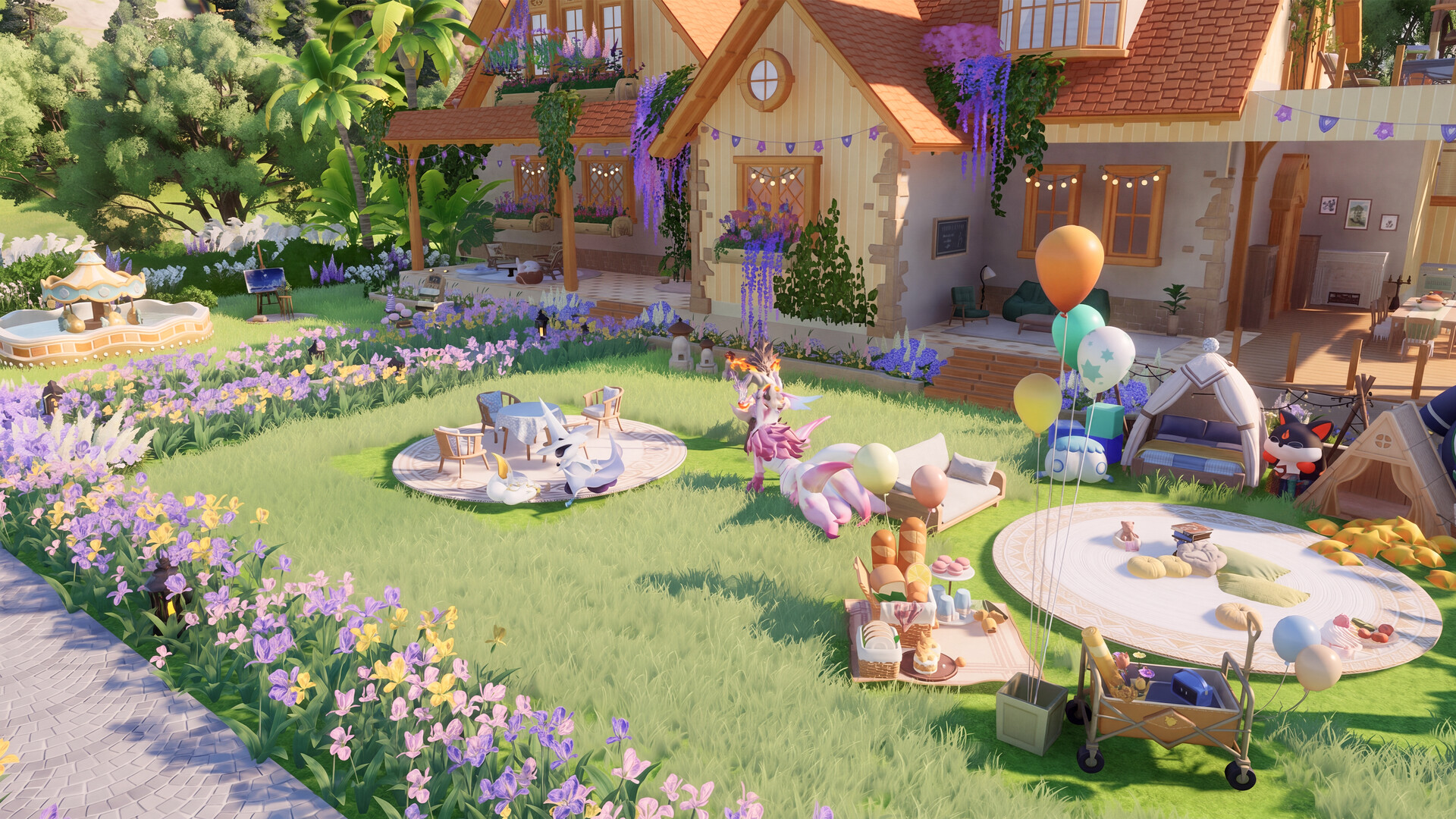 A decorated Homeland village where Aniimo relax among flowers